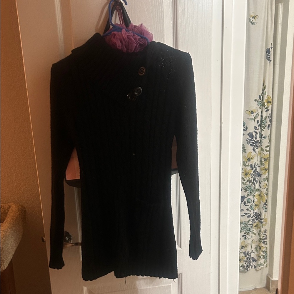 Black Cowl Neck Ribbed Sweater with Button Detail